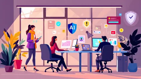 Small uk business office uk people working computers digital shields ai cybersecurity progress