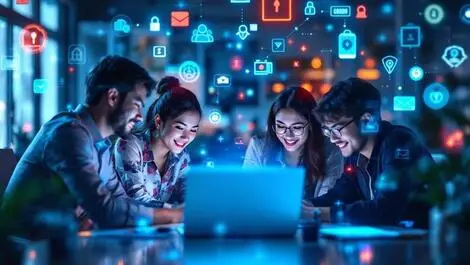 Dynamic office singapore asian professionals digital devices security icons teamwork