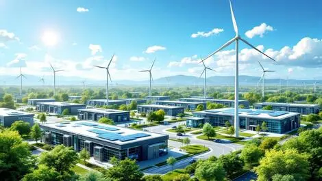 Modern data center campus greenery solar panels wind turbines sustainable
