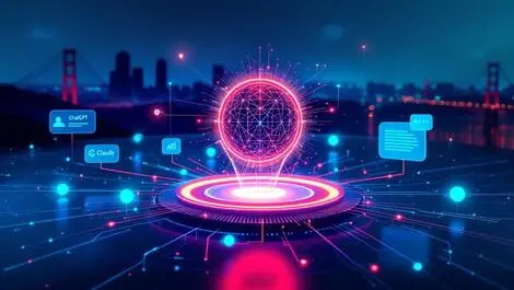 Sleek digital platform interface interconnected ai models chatgpt claude central hub ai assistant modern colors sf skyline