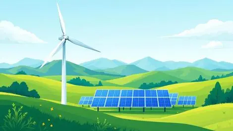 Clean illustration wind turbine solar panels rolling hills new zealand growth