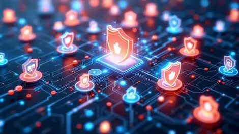 Digital illustration interconnected computer networks shields cyber risk protection supply chain multiorganizations