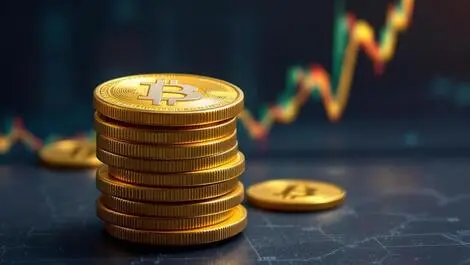 Realistic photo golden bitcoins stacked with upward trend chart background