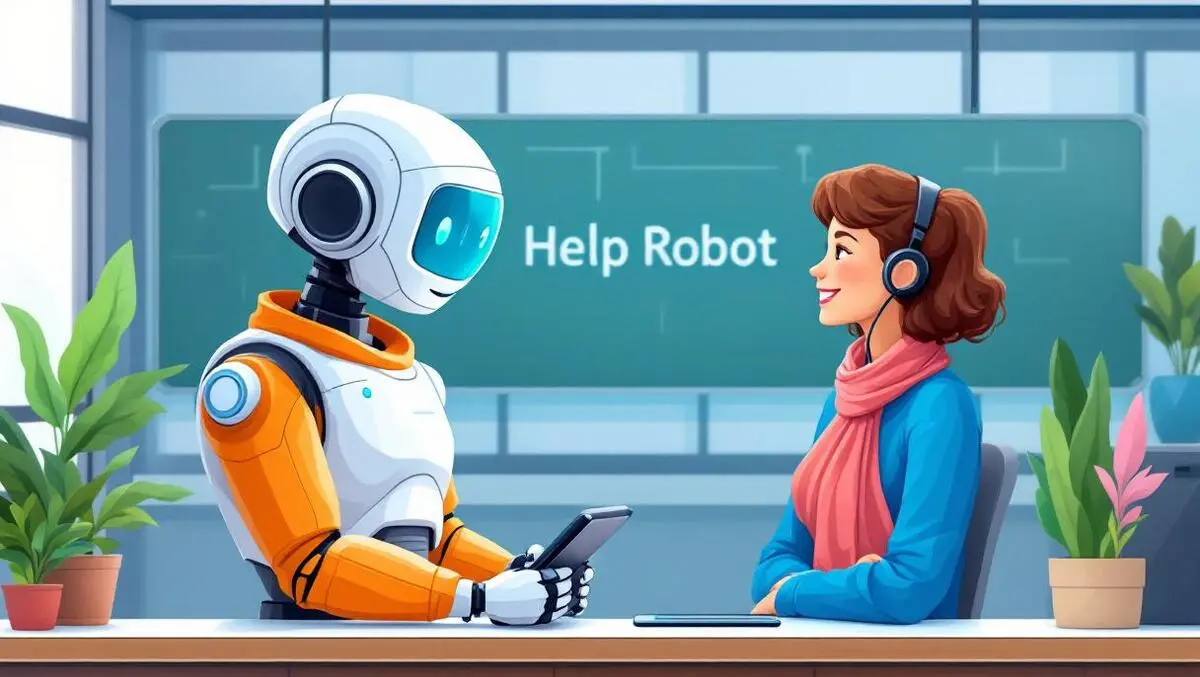 Friendly customer service robot helping happy customer modern help desk