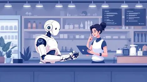 Australian shop counter friendly ai robot helping thoughtful customer