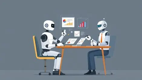 Robot human collaboration business decision making illustration charts graphs