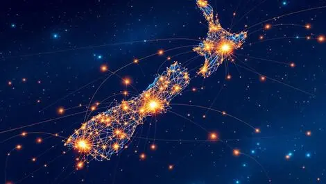 Fibre optic cables new zealand map glowing lines major cities connection