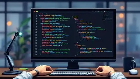 Computer monitor coding robotic and human hands typing modern office