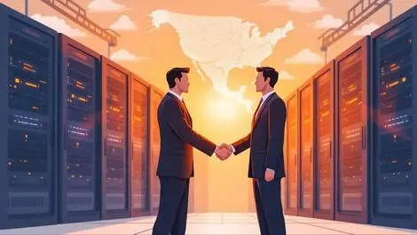 Business professionals handshake servers north america map collaboration technology