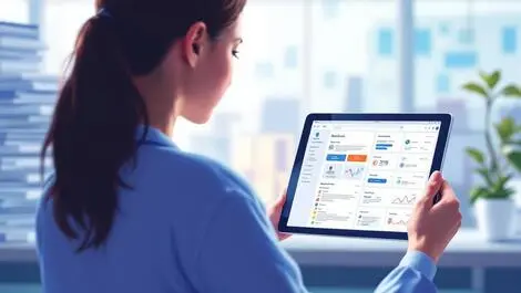 Healthcare professional viewing digital patient records tablet modern hospital