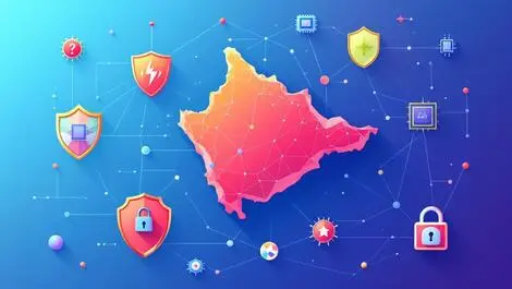 Fiji map with shields and digital network lines symbolizing cybersecurity protection