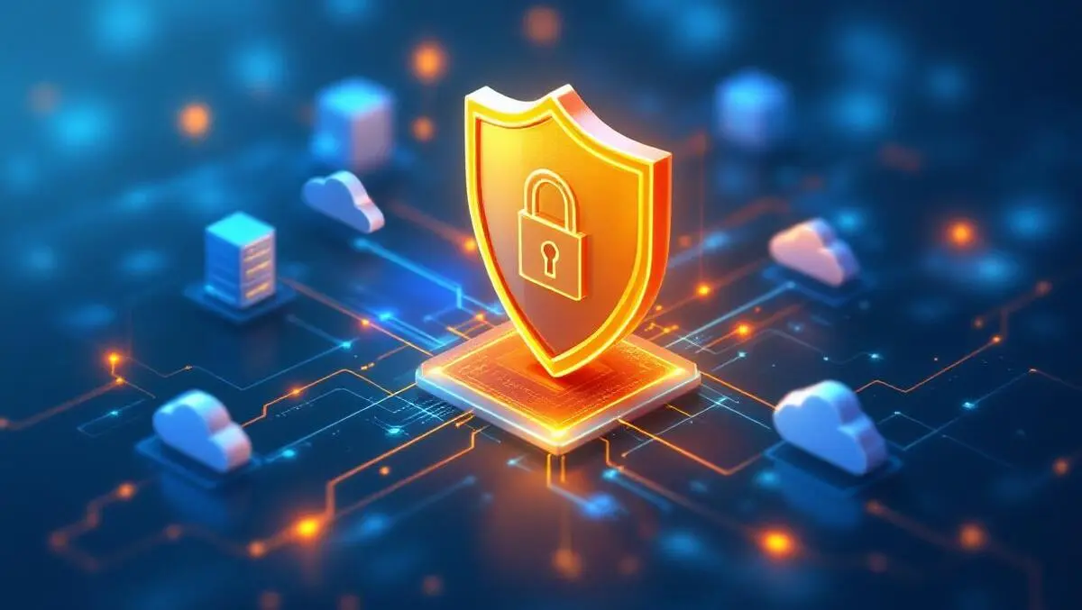 Digital shield protecting interconnected servers cloud icons cybersecurity defense