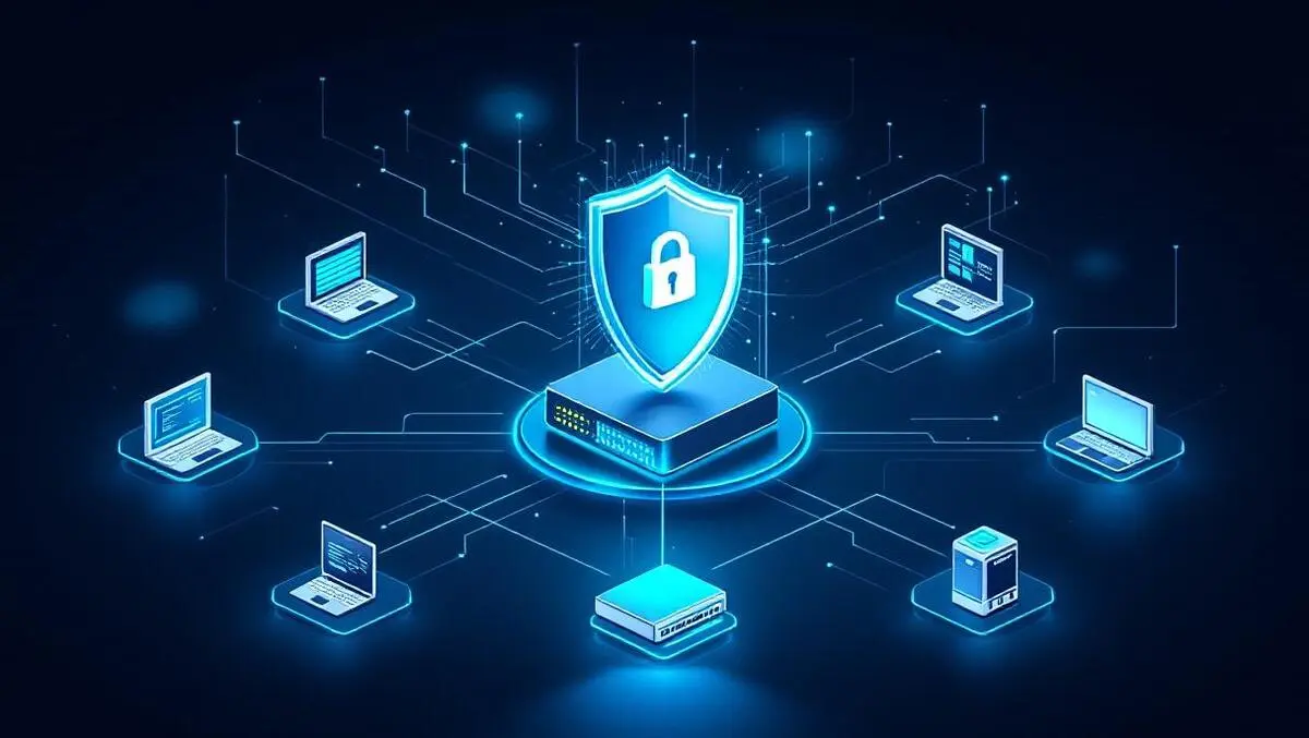 Detailed illustration secure interconnected enterprise network central router shield symbolizing advanced network management security