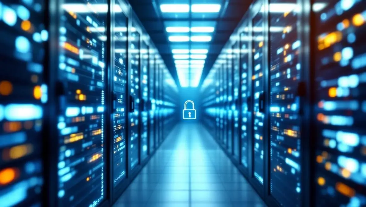 Secure data center rows of server racks soft illumination digital locks