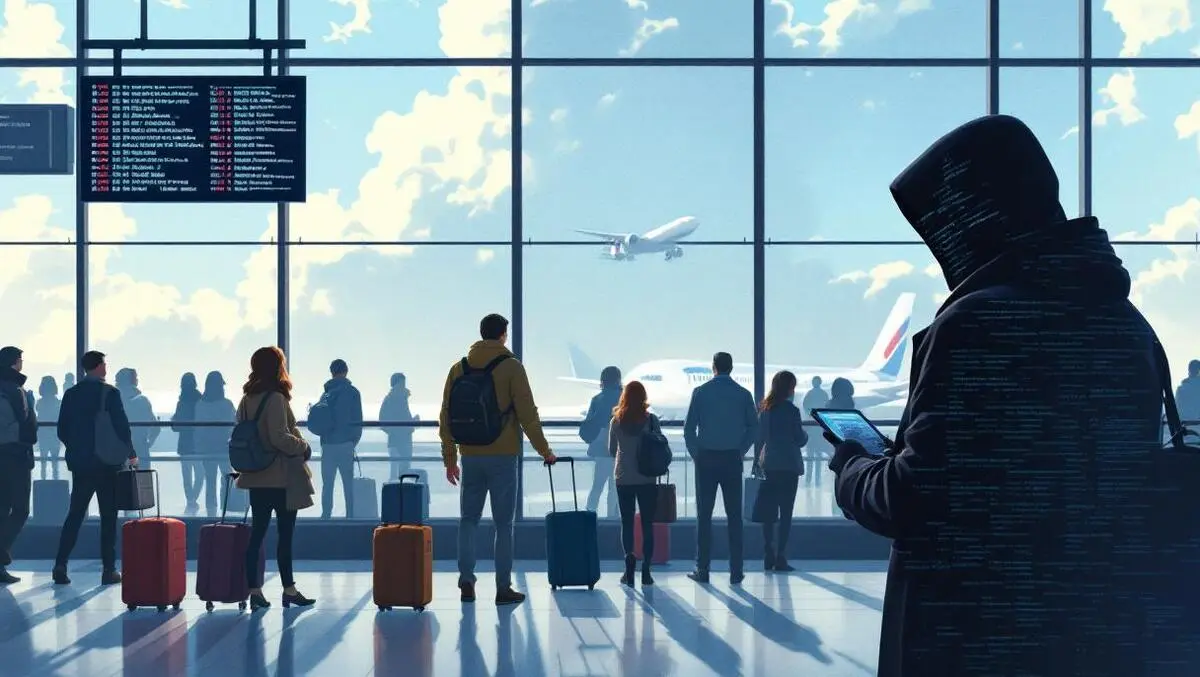Realistic airport terminal travelers shadowy figure data breach impact