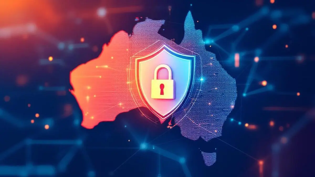 Locked shield over australian map with digital network lines cybersecurity