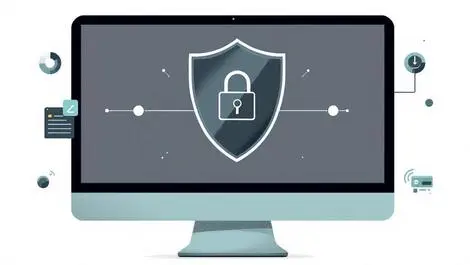 Shield symbol over computer screen digital connections monitoring protection online fraud scams