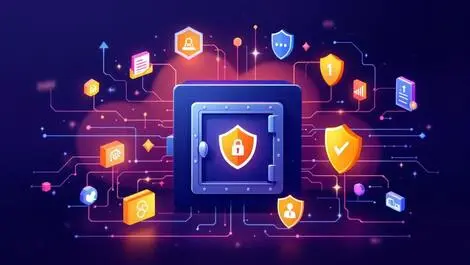 Secure vault with digital data streams and shield icons for enterprise storage protection