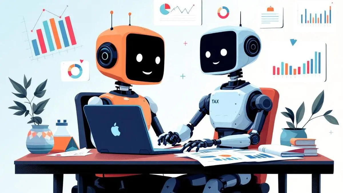 Friendly robot at desk with tax documents laptop charts financial graphs ai tax research