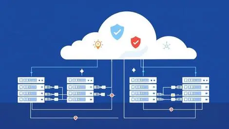 Secure private cloud environment interconnected server racks shield icons network cables cloud symbols backup recovery clean vector