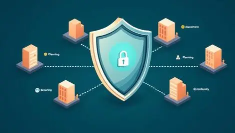 Shield protecting network of buildings and servers with icons for assessment and planning cybersecurity business continuity