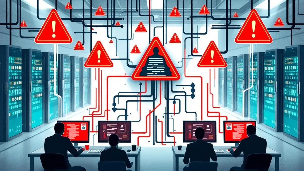 Digital illustration server room red warnings shadow figures data leak