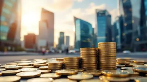 Modern office buildings london financial district euro coins investment growth