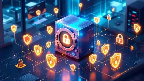 Secure digital vault glowing shields locks password protection modern office