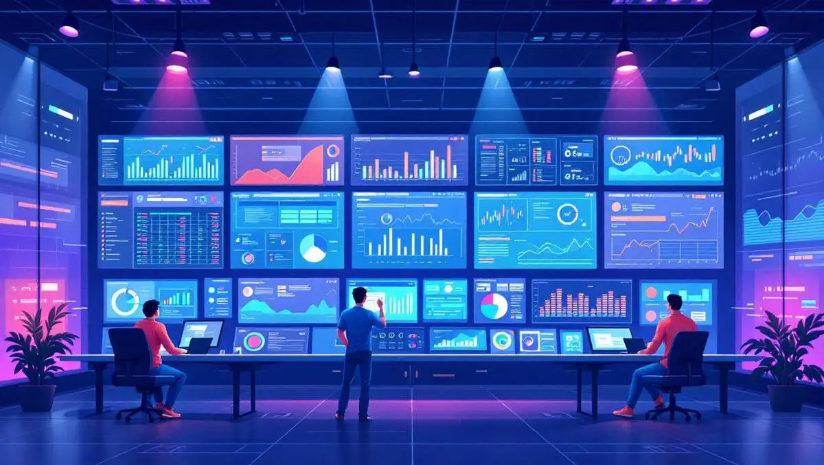 Modern it operations center display screens graphs analytics engineers collaborating