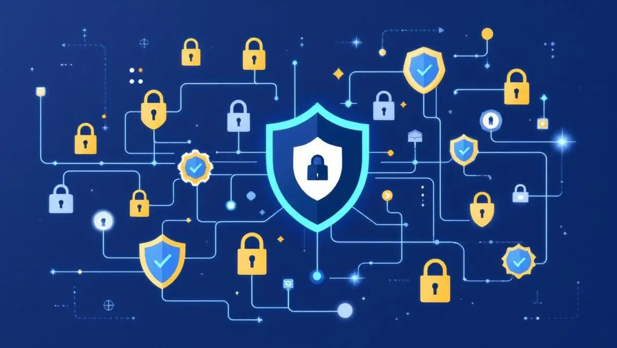 Secure digital network interconnected shields padlocks cybersecurity vector