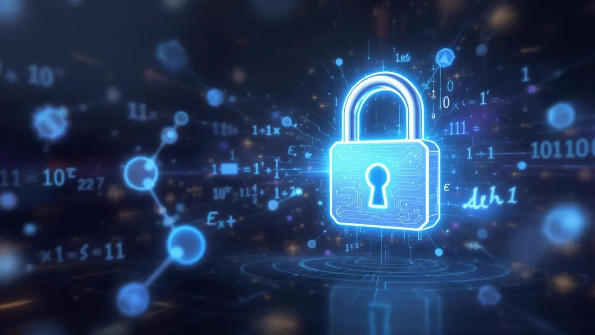 Digital padlock with quantum particles math symbols quantum cybersecurity