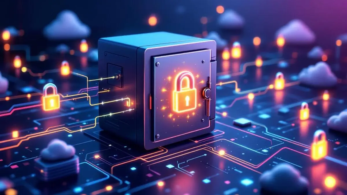 Realistic digital data vault glowing locks secure data flow hybrid cloud