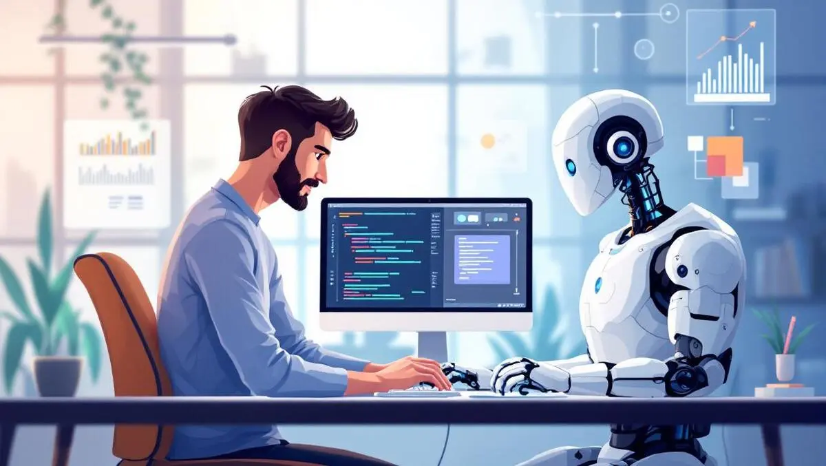 Software engineer collaborating ai robot coding digital flowcharts