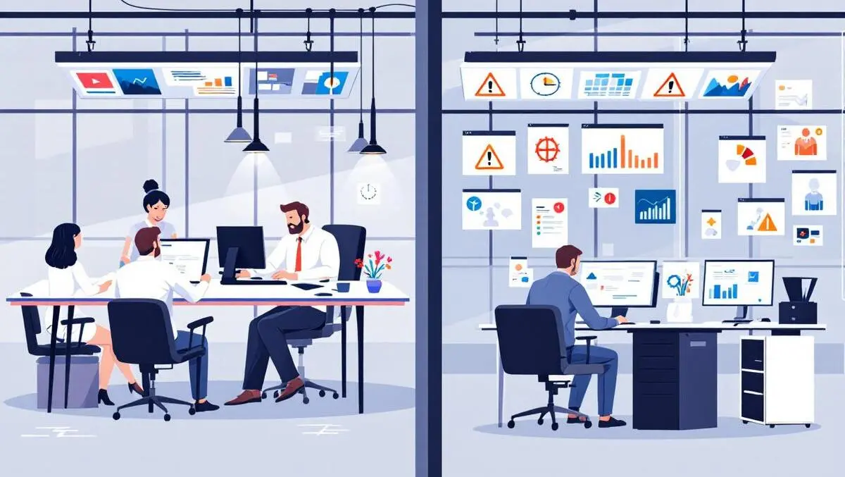 Business office split professionals working and technical staff monitoring cyber risk