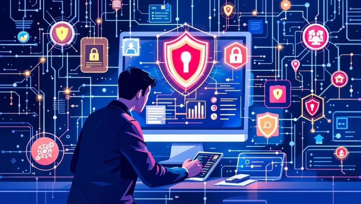 Realistic illustration cybersecurity professional analyzing network digital shields cables penetration testing assurance