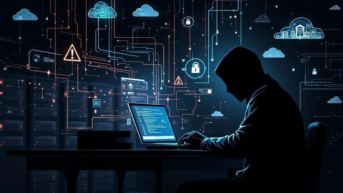 Shadowy figure cyberattack dark room computer digital streams security