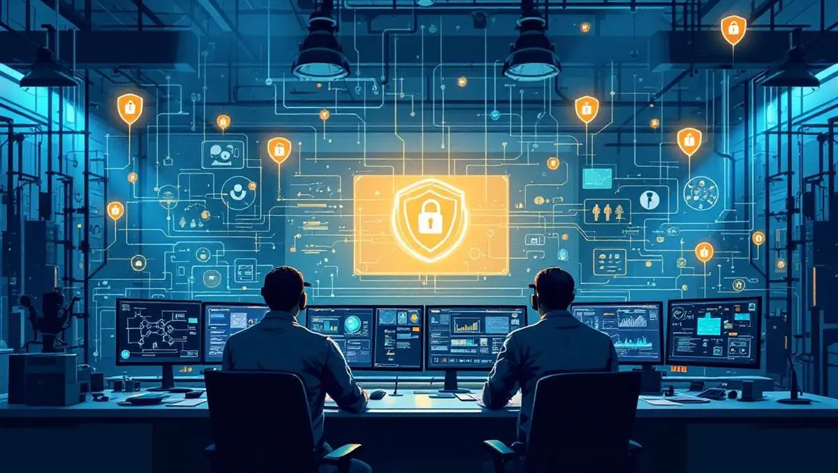Industrial control room with monitors network diagrams security shields