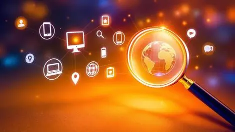 Glowing magnifying glass highlighting digital icons online platforms ai search