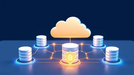Secure cloud with interconnected databases and protective shields illustration