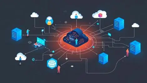 Interconnected data servers cloud icons collaborating people global data management