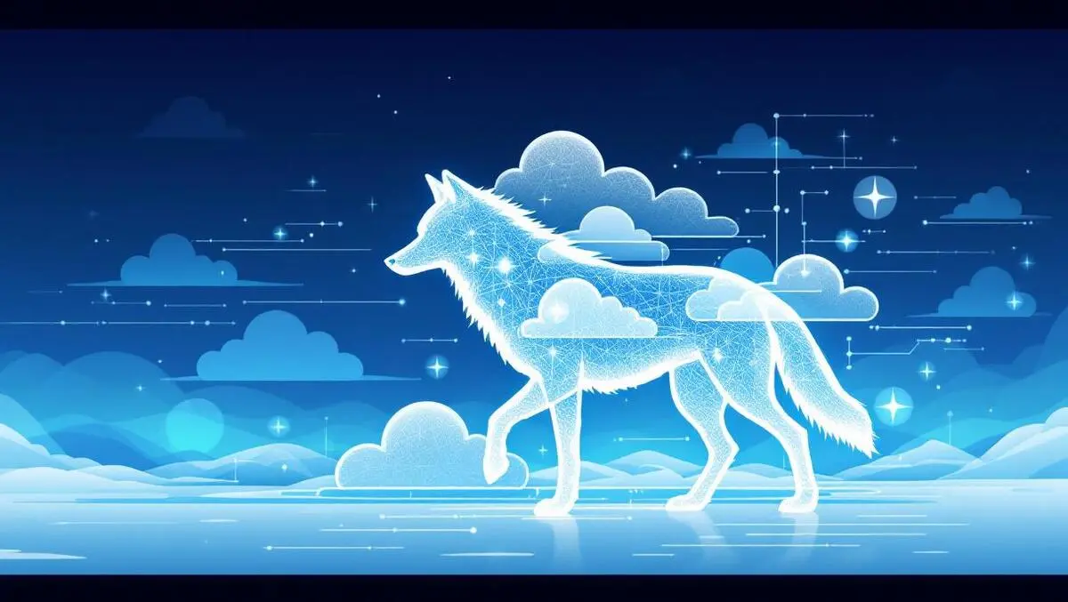 Wolf silhouette abstract cloud digital data streams cybersecurity arctic theme