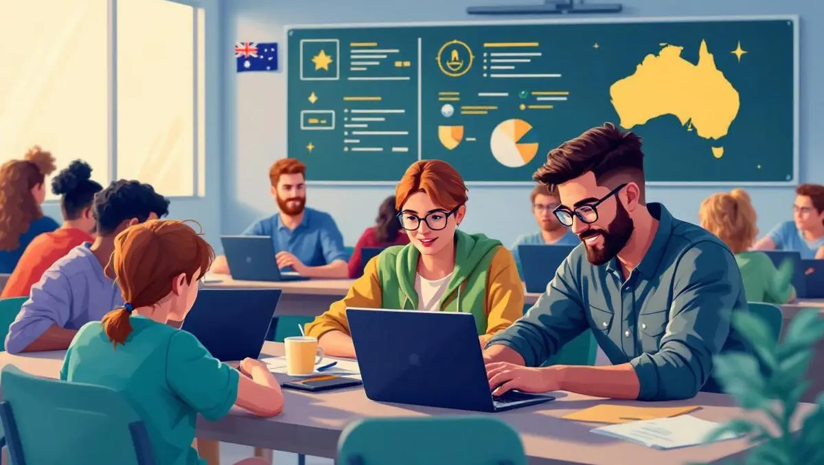 Australian students adults learning cybersecurity classroom laptops
