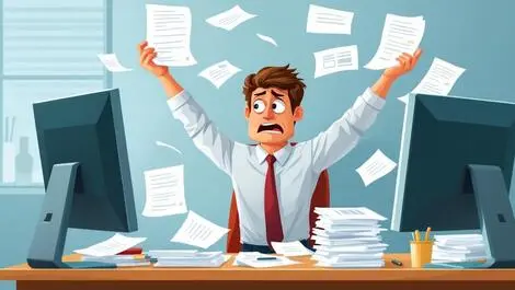 Overwhelmed accountant juggling paperwork computer monitors small business office