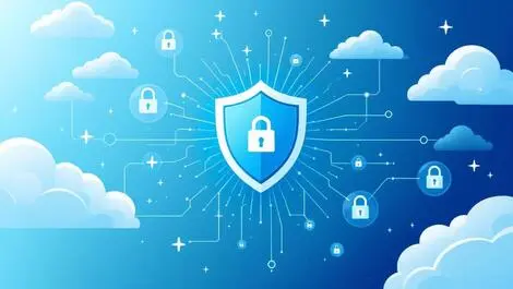 Shield emitting rays surrounded by clouds digital padlocks nodes security integration arctic