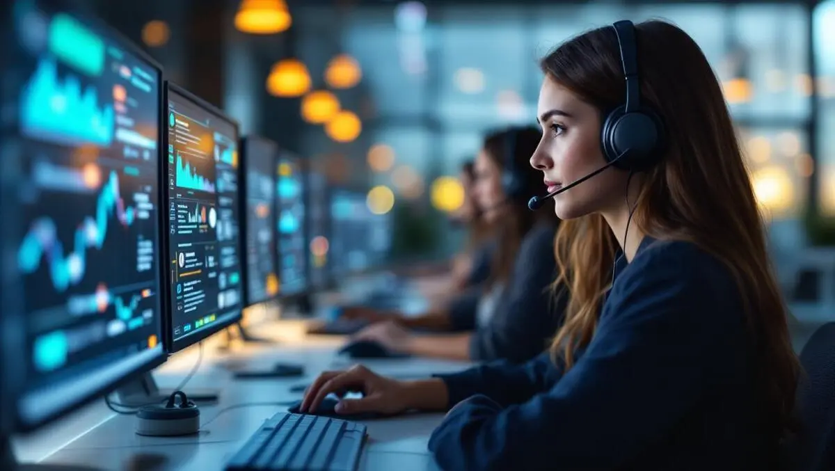 Realistic business call center operators headsets digital assistant interface efficient support