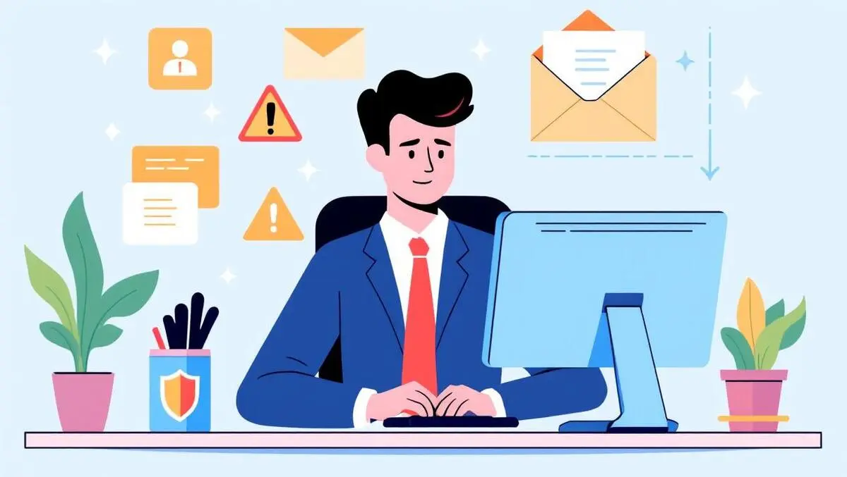 Office worker computer handling suspicious email with security icons