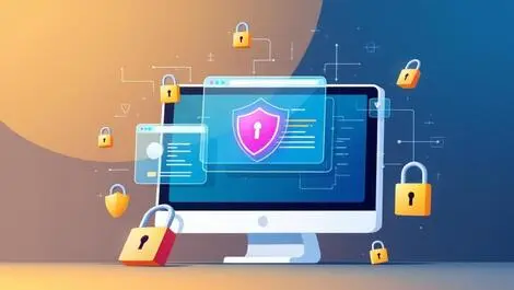 Illustration computer screen padlocks shields digital browser windows cybersecurity