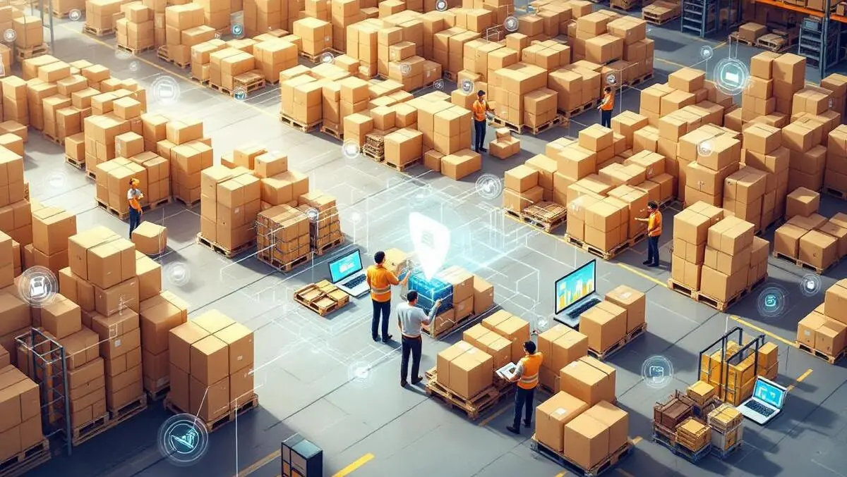 Realistic warehouse packages digital network interface order management retail logistics
