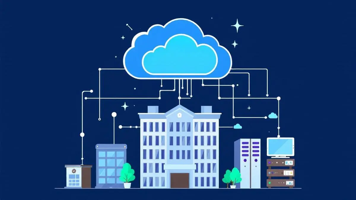 Secure network cloud office building digital connections laptops servers