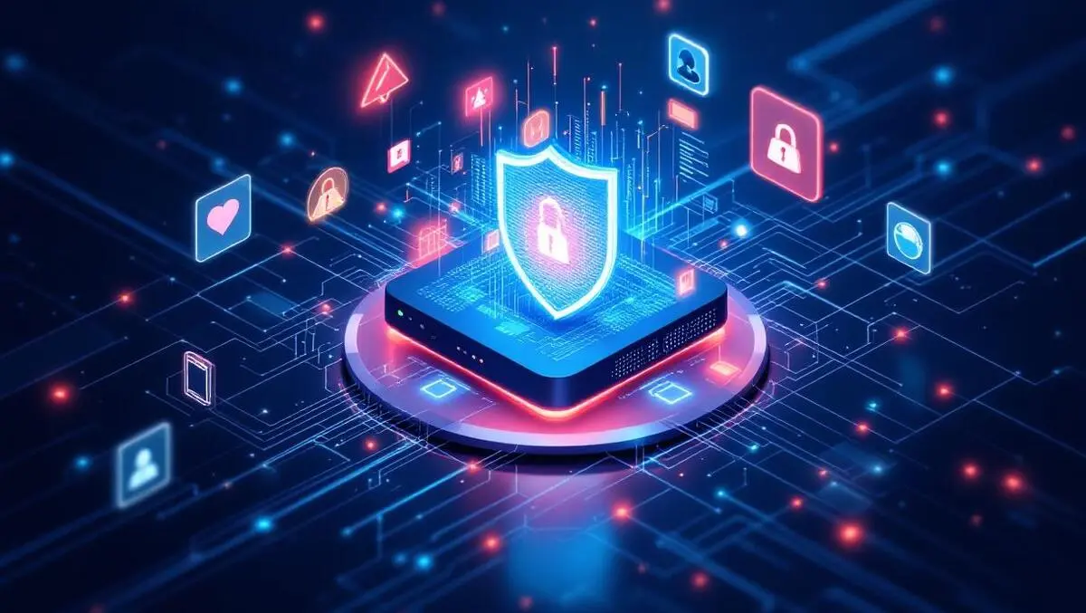 Detailed digital illustration modern firewall with glowing digital shield and cyber threats blocked on network backdrop